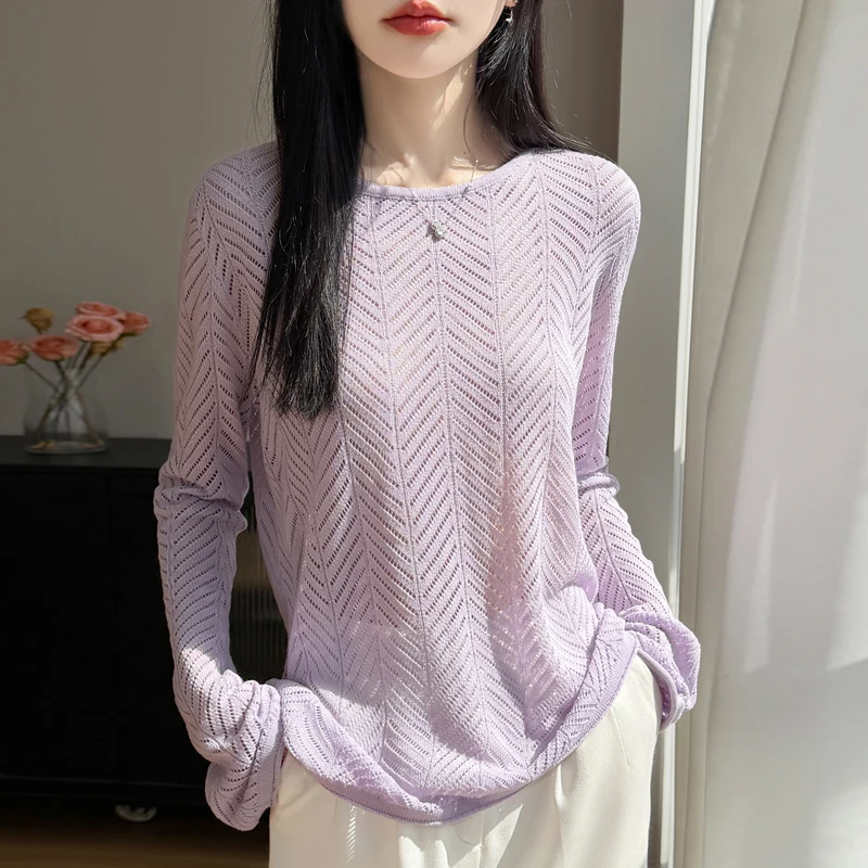 

Fashion Wool Blend Knit Pullover Sexy Solid Hollow Out Round Neck Long Sleeve Sweaters 2026 Spring Summer New Lady Streetwear