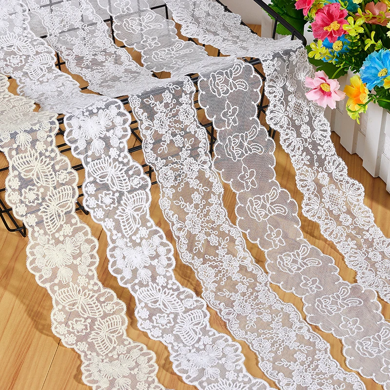 Embroidered Flower Mesh Lace Ribbon, Fabric Trims Sewing, Wedding Party Dress, DIY Headwear, Hair Bows Accessories, White, Beige