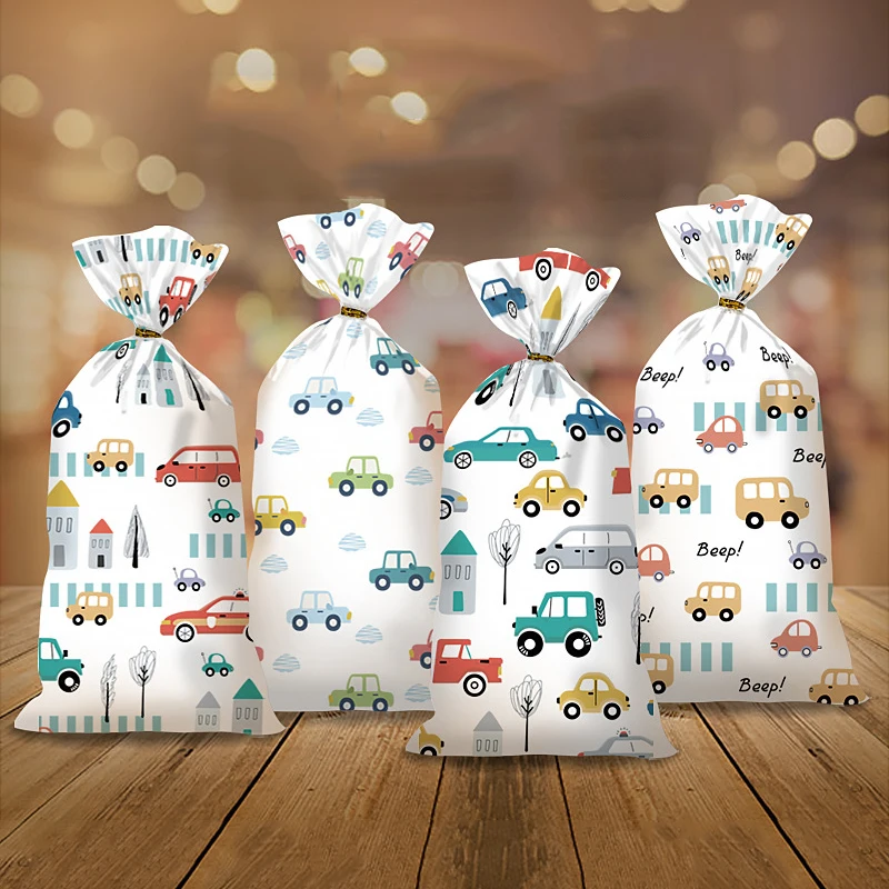 50Pcs Cartoon Car Dinosaur Gift Bag Candy Biscuit Packaging Bag Children's Birthday Party Snack Packaging Supplies Baby Shower