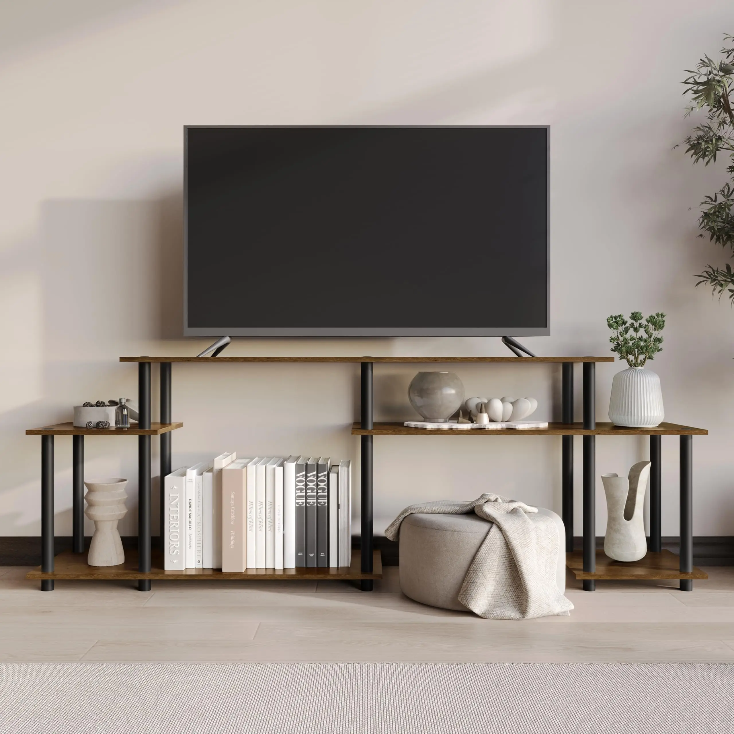 

Three-Tier Open Shelf TV Stand With Spacious Storage Brown Modern Style