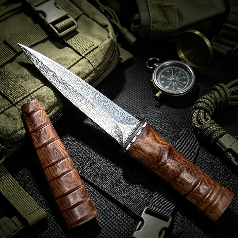 High hardness Damascus Steel Blade Wood Handle Bamboo Style Outdoor Survival Knives Camping EDC Collection Knife with Gift Box