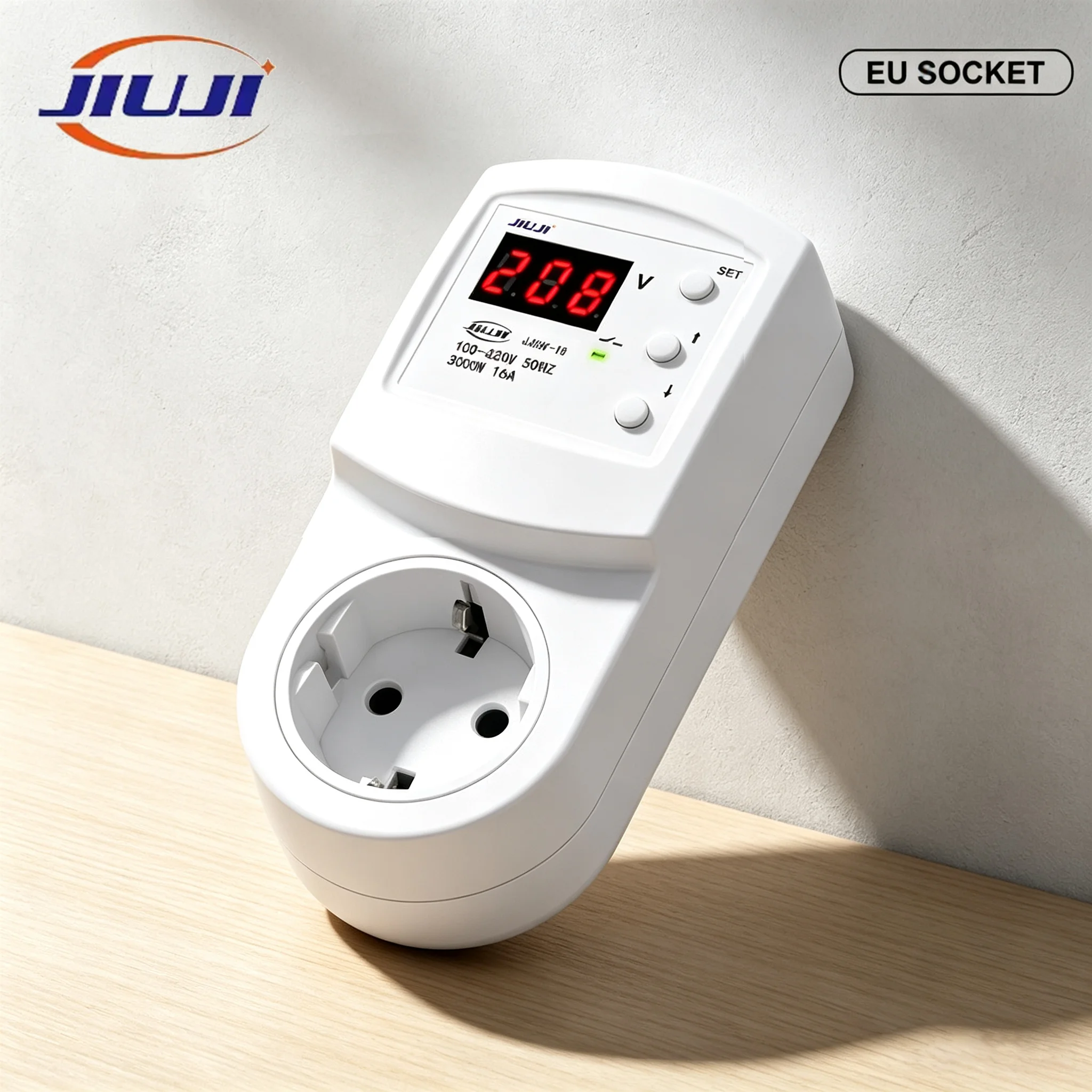 JIUJI JJSV-16 Automatic Voltage Protector Socket – AC 220–230V, 16A, EU Plug, Overvoltage & Undervoltage Protection