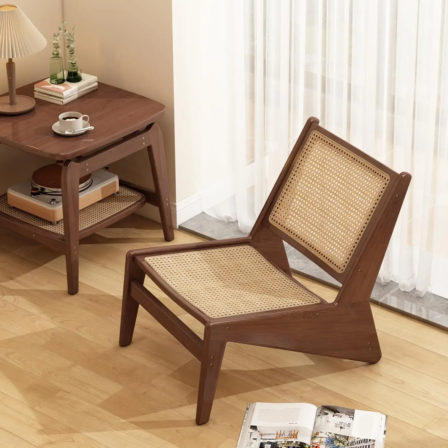 

Century Accent Chair, Rattan Lounge Chair for Living Room, Boho Side Corner Comfy Chair for Bedroom and Balcony, Walnut
