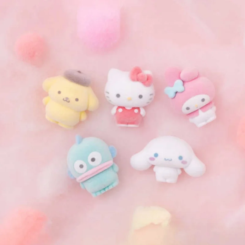 Sanrio Blind Box Hello Kitty Melody Flocking Doll Cute Model Ornament Kuromi Dopamine Plaid Anime Model Toy Chlidren Gift