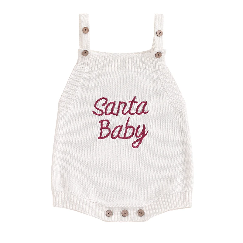 Baby Christmas Knit Overalls Sleeveless Square Neck Letter Embroidery Sweater Romper