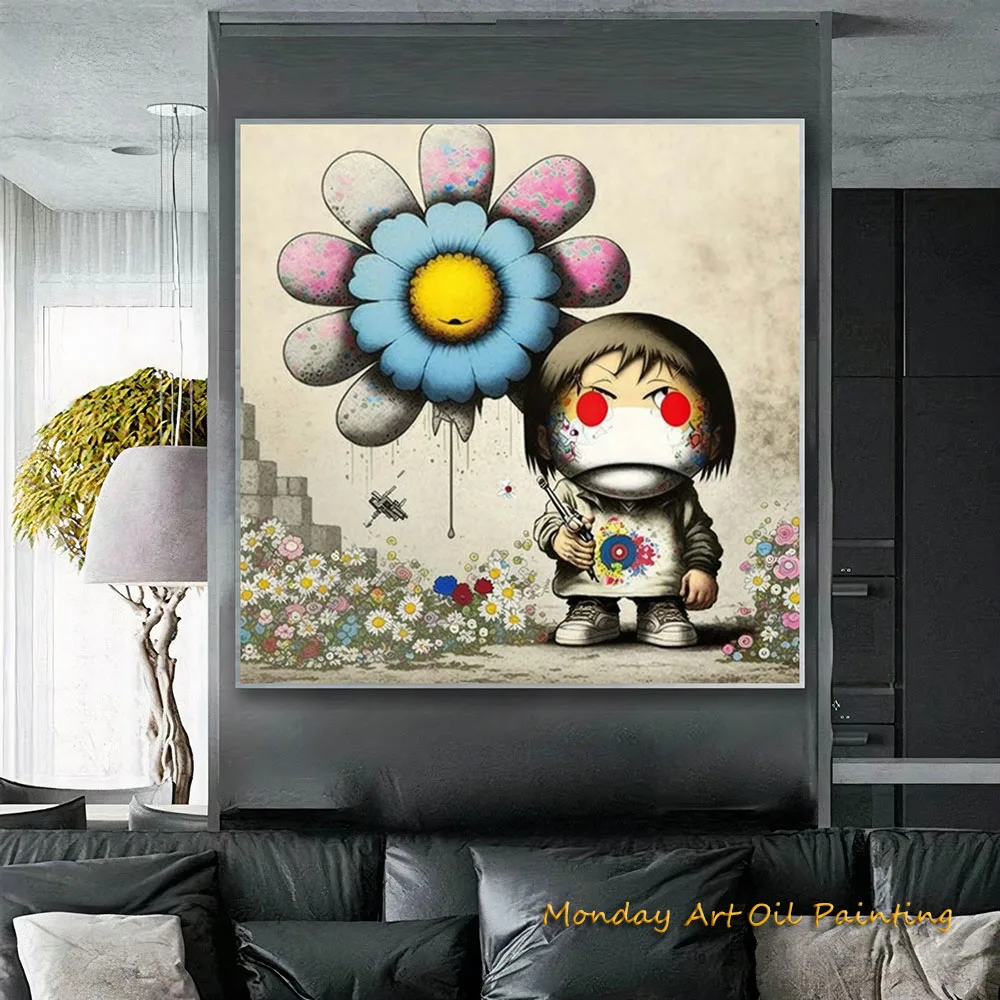 Girl And Flower Banksy Art Hand Painted Cartoon Figure Oil Painting On Canvas For Living Room And Office Fedex Shipping Cost