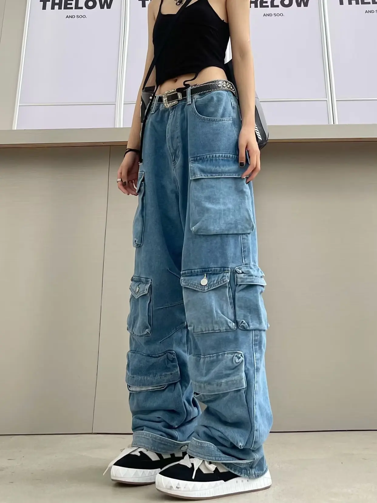 Multi-Pocket Cargo Pants Y2k Retro Fashion High Waist Jeans Couple Harajuku Simple High Street Casual Wide Leg Pants y2k pants