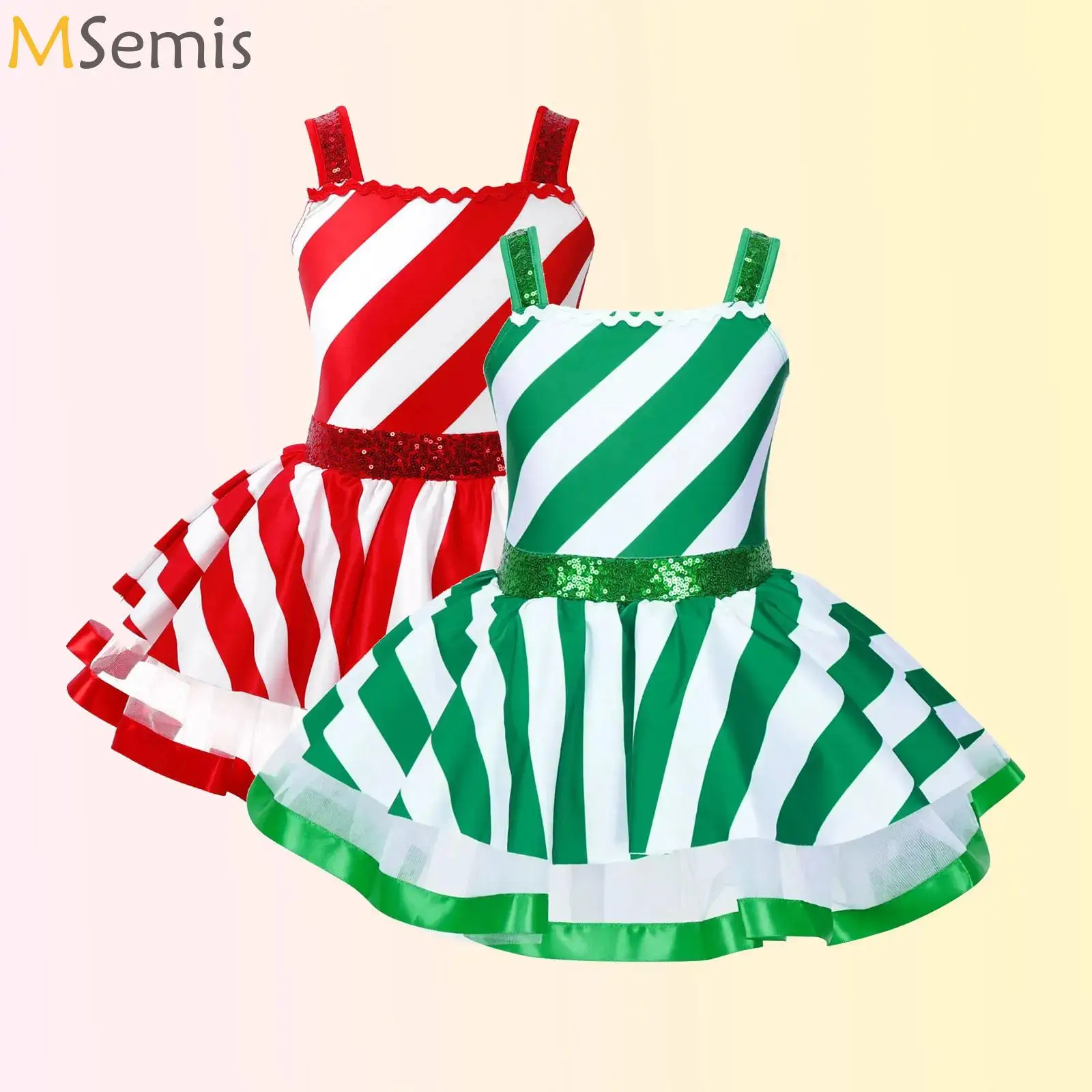 

Kids Girls Christmas Dance Costume Striped Sequins Santa Claus Leotard Dress Ballet Skating Gymnastics Stage Performance Costume