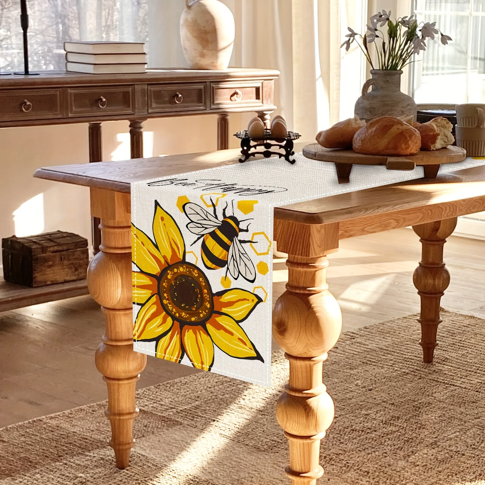 Sunflower Bee Printed Spring Summer Theme Linen Table Runners Seasonal Dresser Scarf Table Decor Holiday Wedding Dinner Decor