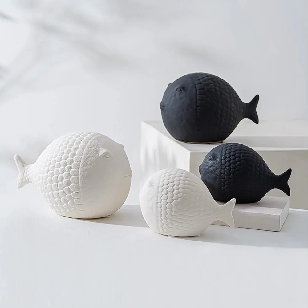 Nordic Fat Head Fish Ornament Creative Ceramic Couple Fish Figurine Crafts Fairy Garden Miniatures Home Decoration Accessories