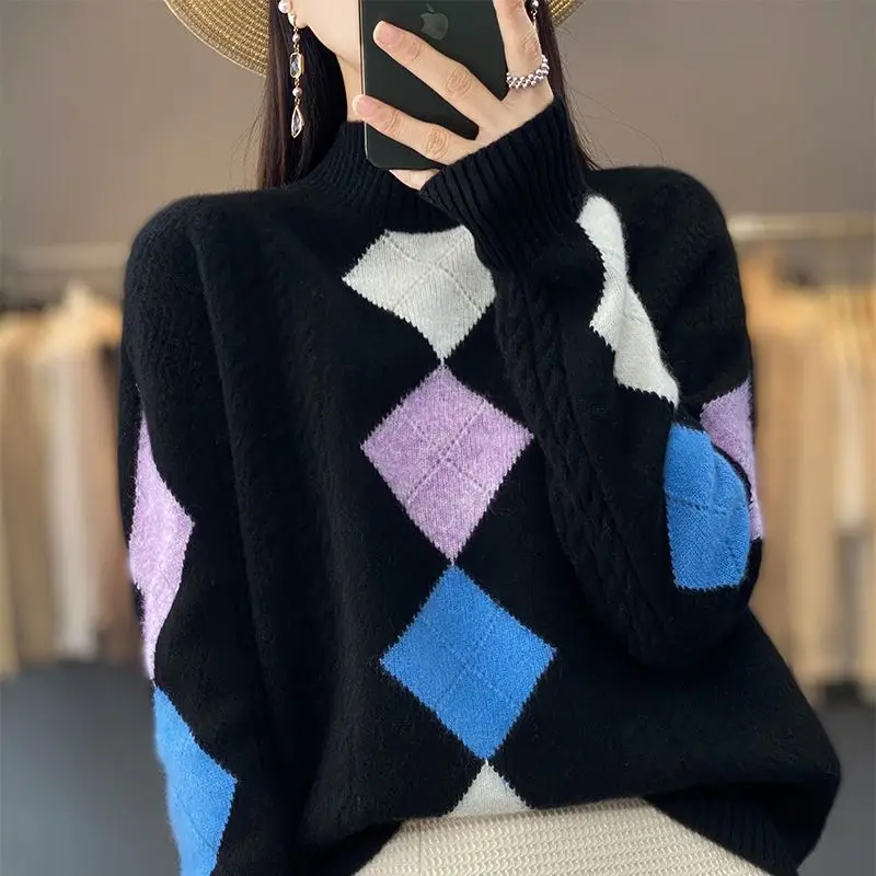 Autumn and Winter Women\'s Contrast Color Argyle Half High Collar Long Sleeve Knitted Sweaters Jumpers Fashion Casual Tops