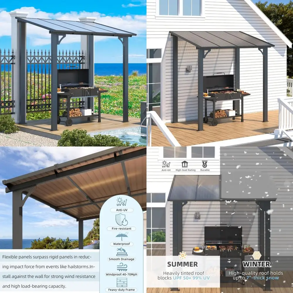 

Outdoor Patio Pergola with Hardtop Roof, Lean-to Grill Gazebo Shelter, Small Size Clearance Sale
