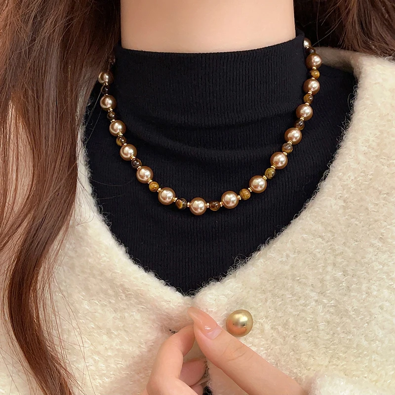 Maillard Natural Tiger\'s-eye Champagne Pearl Bead Necklace For 2024 Fashion Jewelry Women\'s Sexy Sweater Chain Neck Accessories