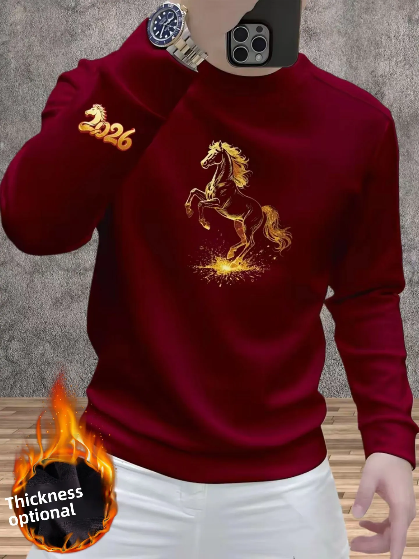 

Red Fce-Lined Long Sve Sweatirt Men's Faionable Print Bym Year Inner Wear Casual Comfortable Breathable Cotton Poly...