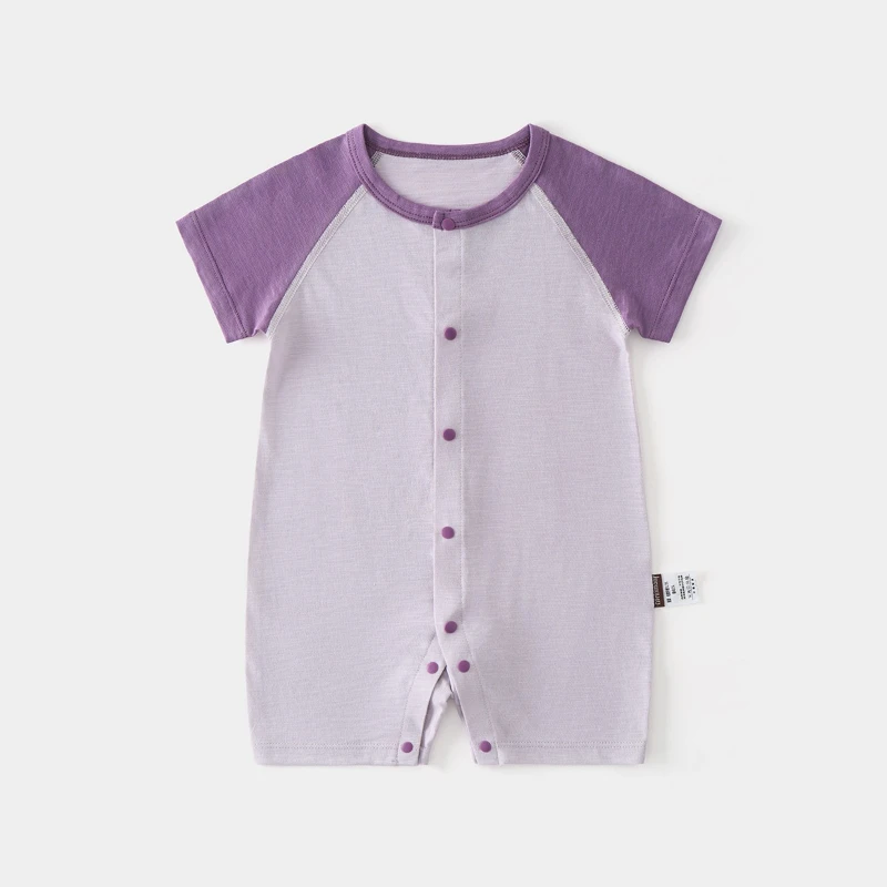 

2026 Children's Summer One-piece Cotton A-class Short Sleeved Color Blocked Round Neck Climbing Suit