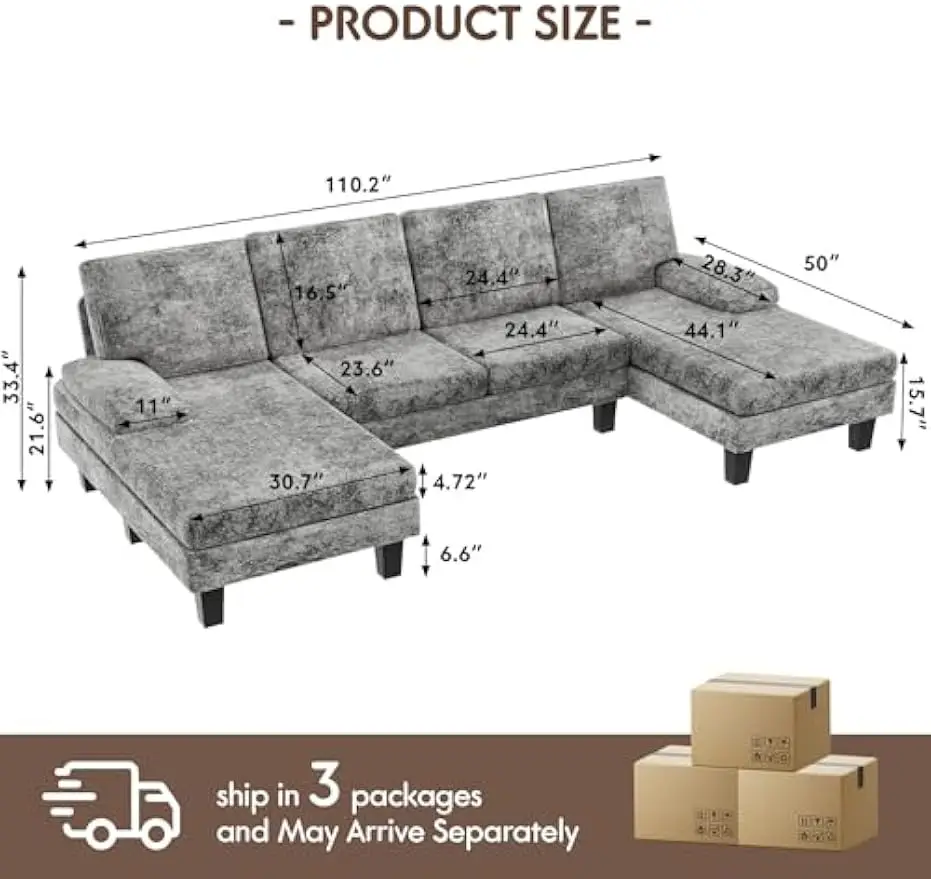 Sectional Couch Living Room Sets Chenille Fabric U-Shaped Sofa with Double Chaises, Dark Gray, 50