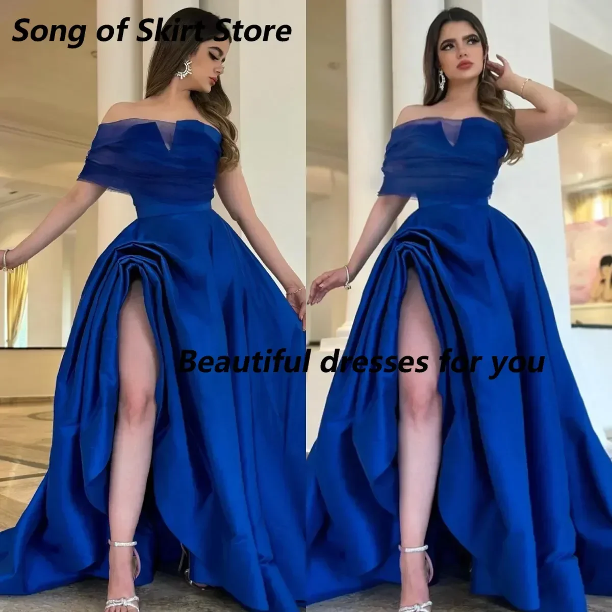 Moda azul real vestido de baile uma linha tule sem alças vestidos de noite cetim split pick-ups sem costas beleza feminino vestidos formais