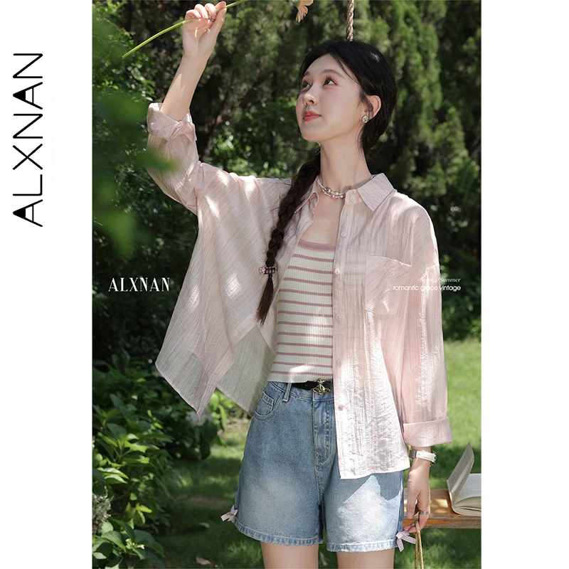 

ALXNAN Pink Shirt Women Long Sleeve Sun Protection Thin Blouses 2025 Summer New Elegant Casual Loose-fit Cardigan Female L56502