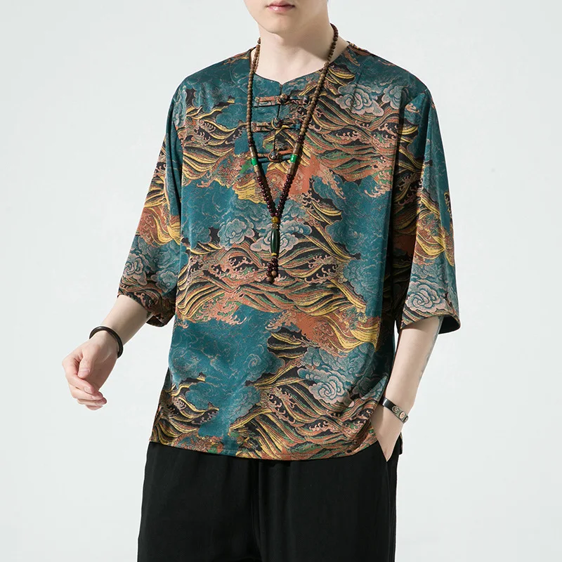 Spring and Summer New Chinese Style Men's Clothing Hanfu Large Size Trend Five-point Short-sleeved T-shirt