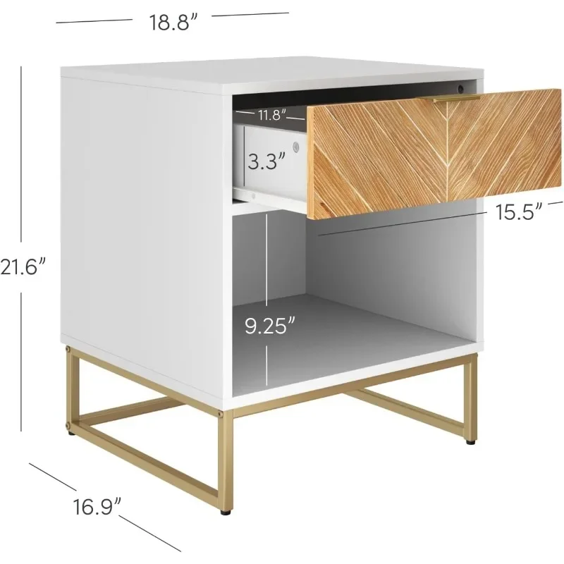 Kensi Side Accent Nightstand, mesa final com armazenamento, branco ou dourado