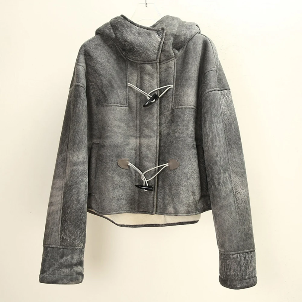 

2023 New Women Short Hooded Natural Fur Lamb Clothes Winter Genuine Leather Slim Real Fur Coats