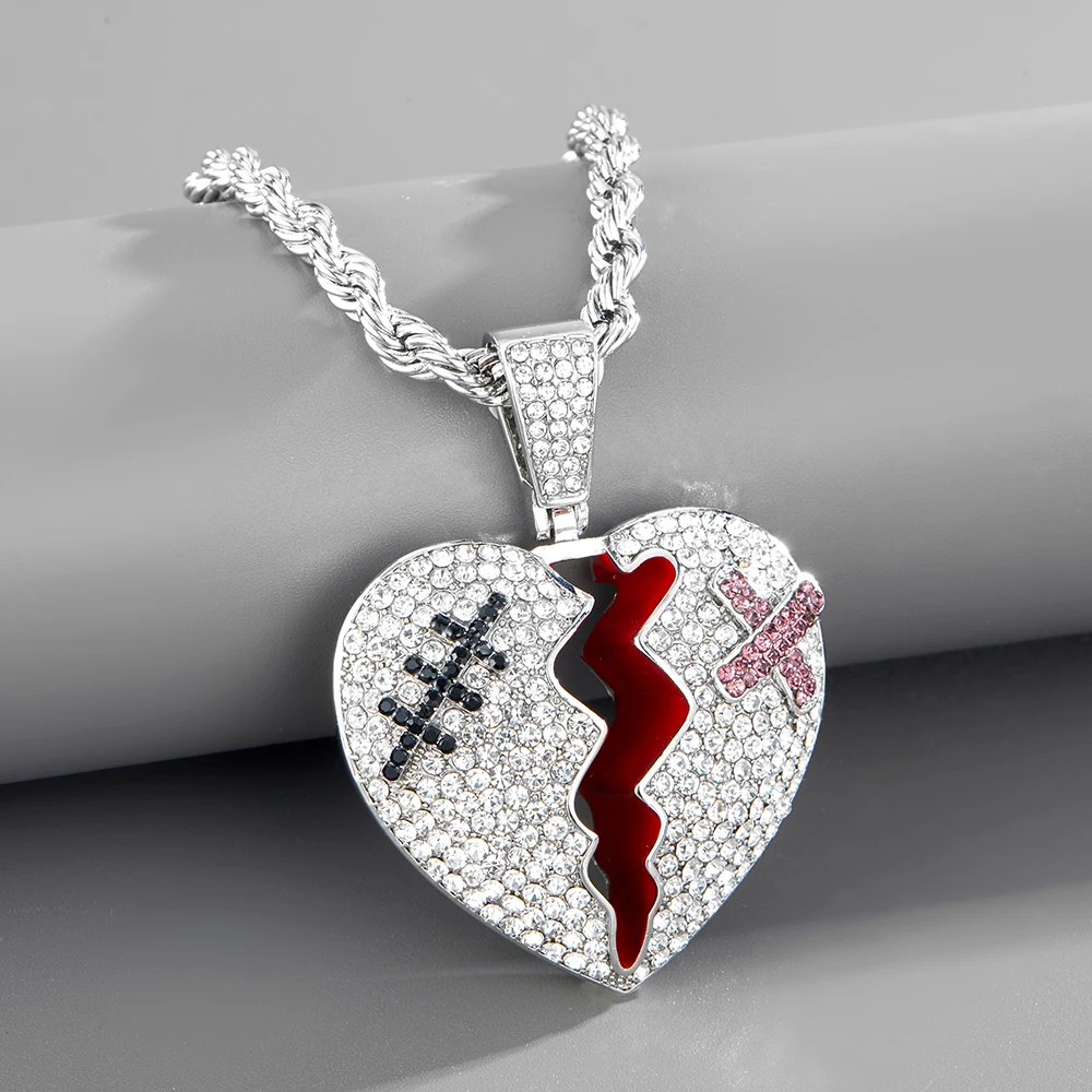 1Pc Creative Rhinestone Red enamelled Heart Split Patch Necklace with Stainless Steel Chain Rapper Gift for Teen Men and wWomen