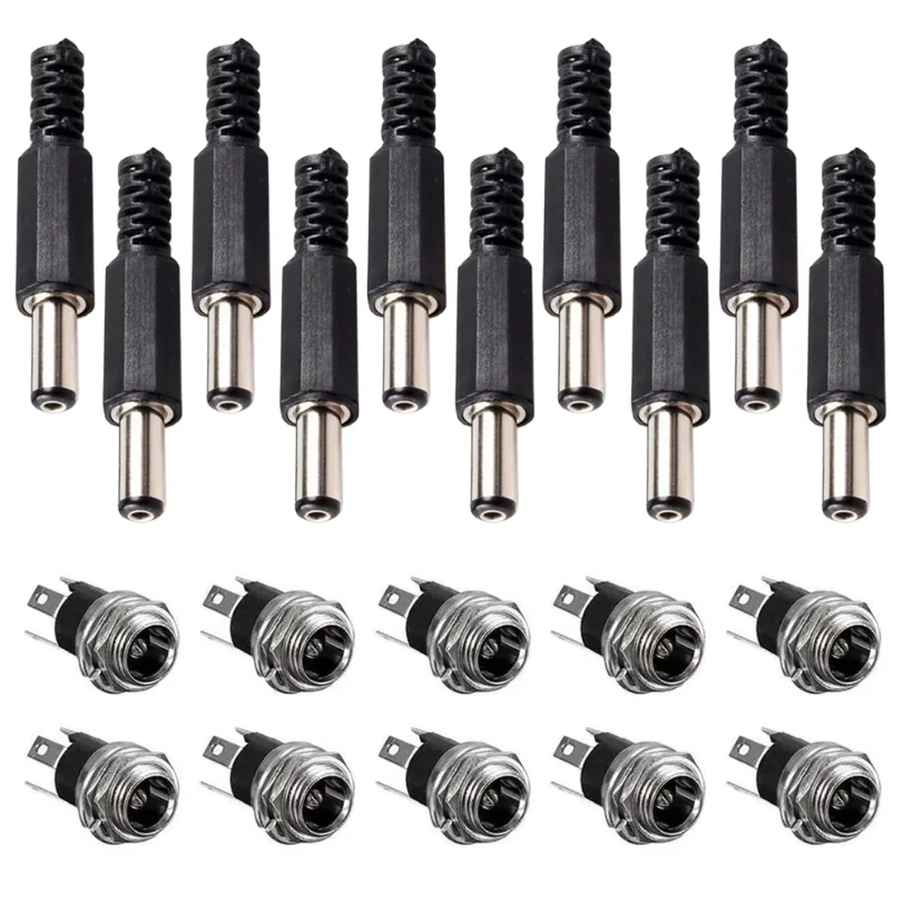 10Pairs DC Power Supply Jack Socket Female Panel Mount Connector 3-Pin 5.5 x 2.1mm with 5.5mm x 2.1mm DIY Male DC Power Plug