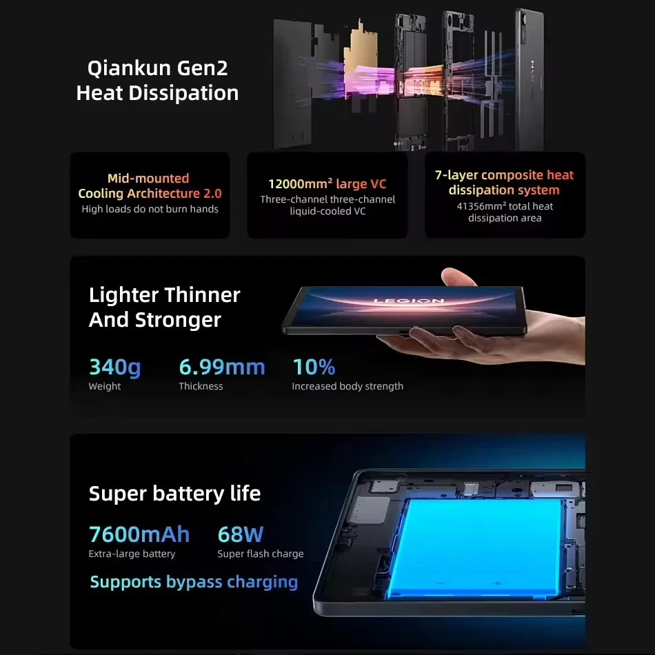 كمبيوتر لوحي أصلي من Lenovo Legion Y700 4th Gen 256GB 512GB Snapdragon 8 Elite 8.8 بوصة 165 هرتز 7600 مللي أمبير في الساعة 68 وات شحن كمبيوتر لوحي للألعاب