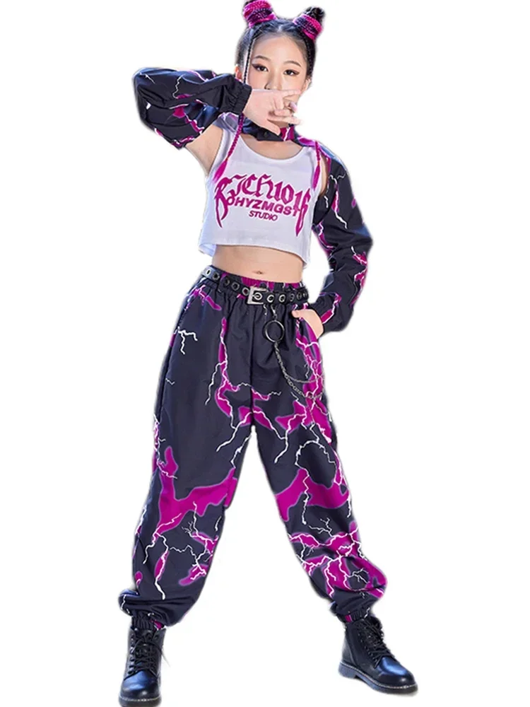 Tenue de spectacle de danse moderne K-pop pour filles, vêtements de spectacle de piste, vêtements hip hop pour enfants, costume de danse jazz, noir, violet