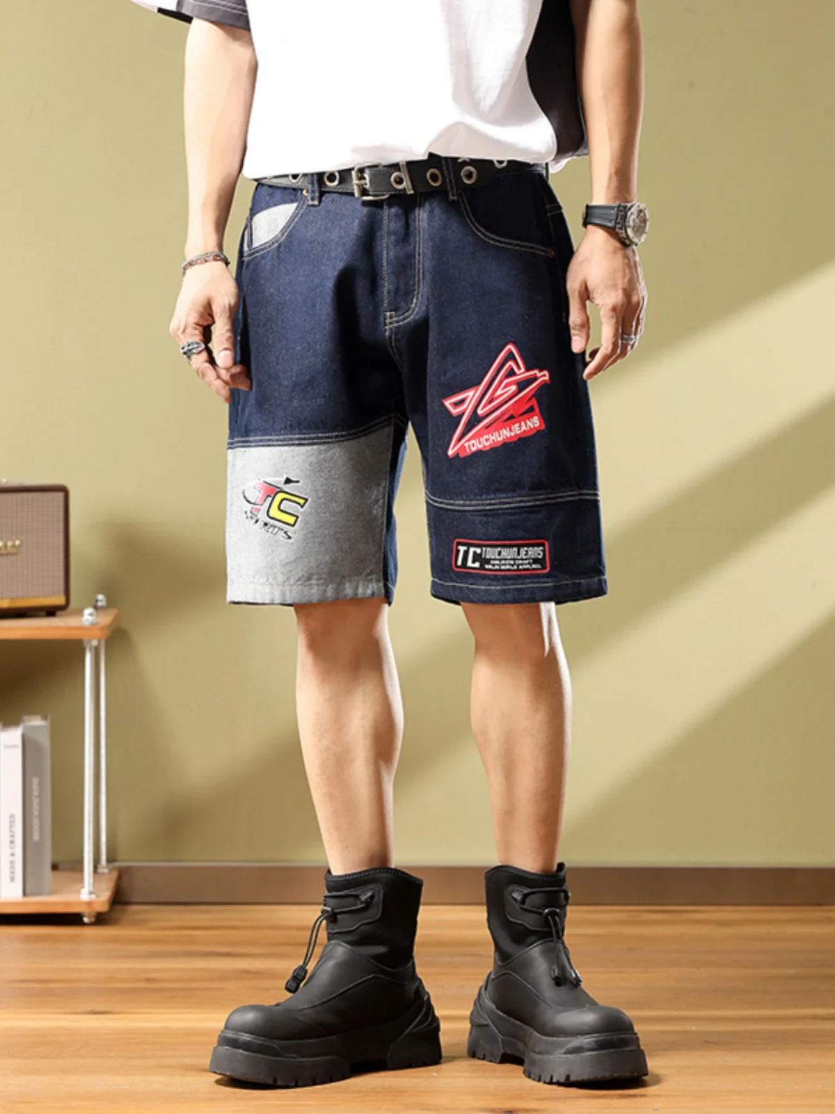 

Trendy Brand Patchwork Embroidered Jeans Shorts Men's Summer Casual Straight Leg Five-Quarter Mid-Waist Cotton Stretch Denim