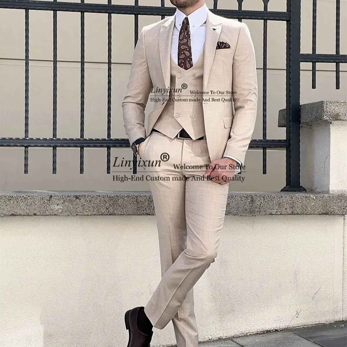 

Formal Beige Men Suits For Wedding Slim Fit Groom Tuxedos 3 Pieces Jacket Vest Pants Set Business Best Man Blazers Costume Homme