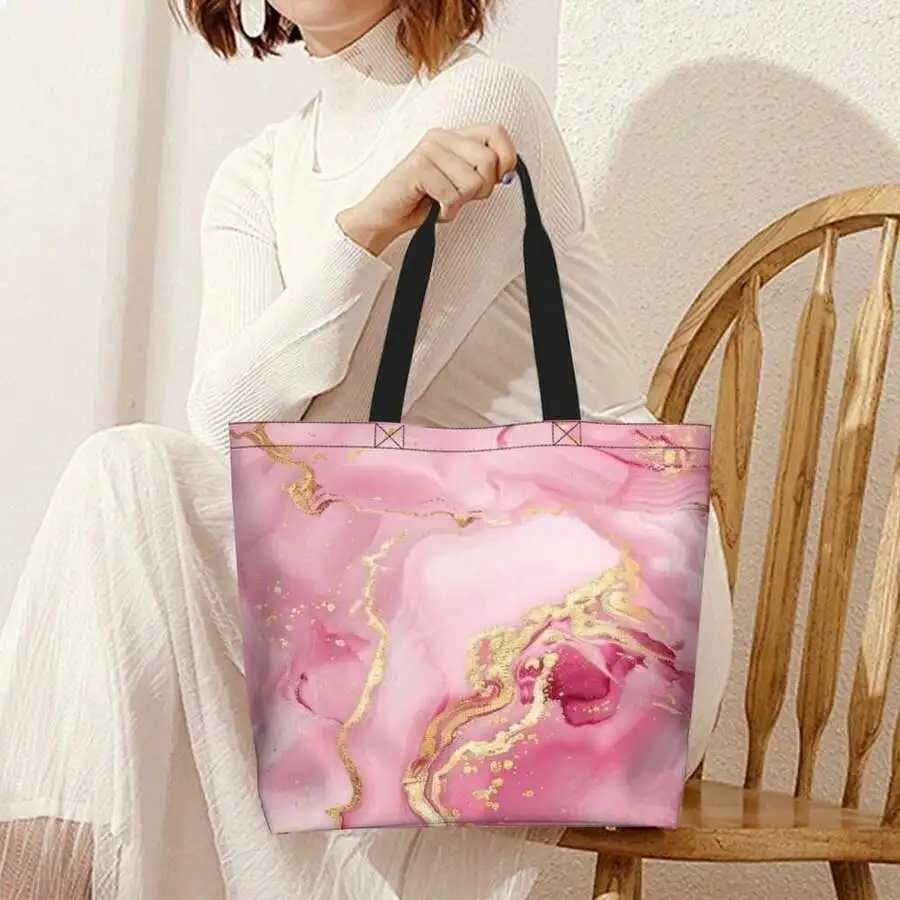 

Pink Marble Print Tote Bag Women Casual Shoulder Bag Fashionable Everyday Use