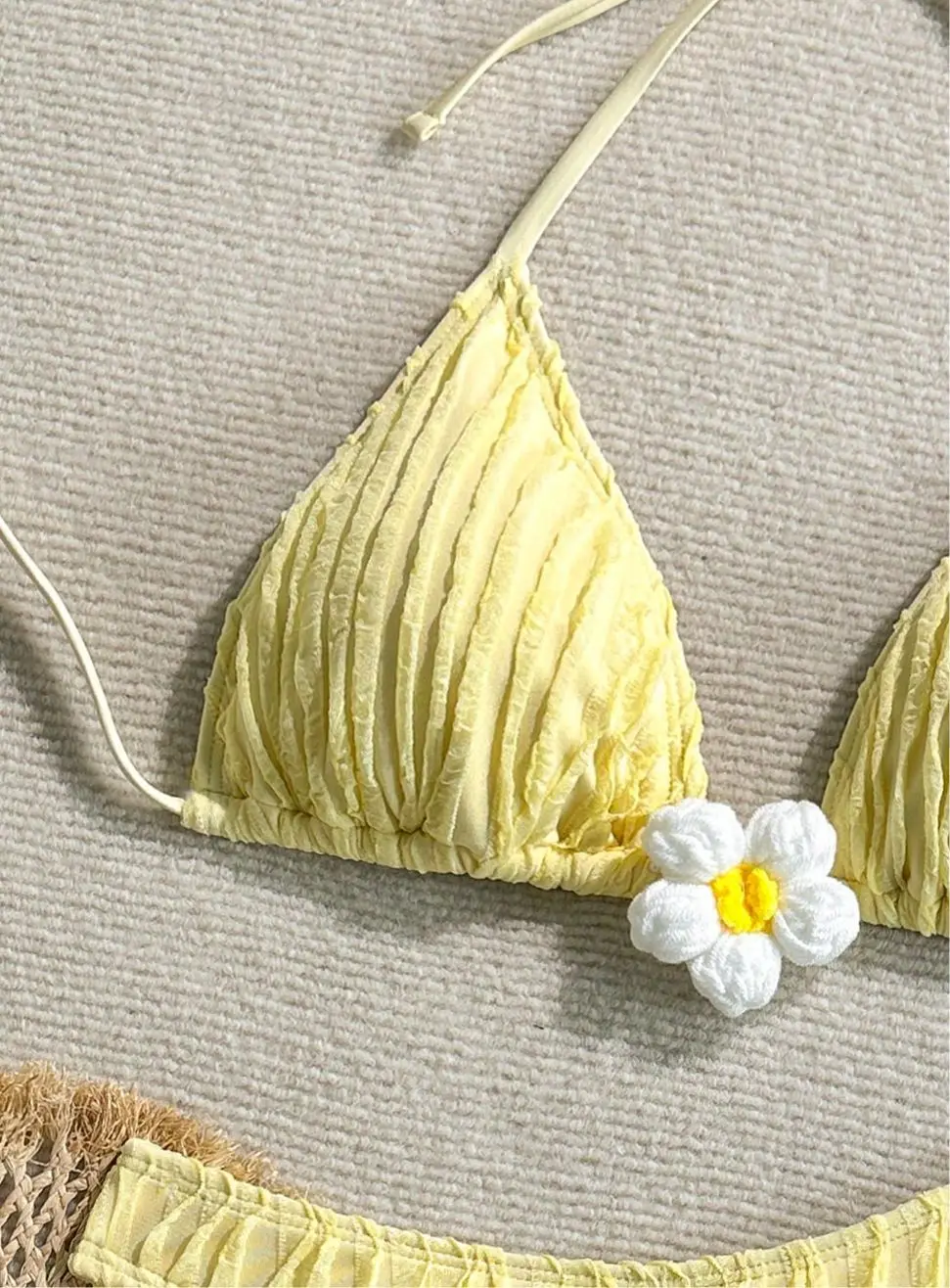 Sexy 3d fleur jaune micro bikinis ensembles deux pièces plaine licou cravate maillots de bain maillots de bain maillot de bain maillots de bain biquini tankini