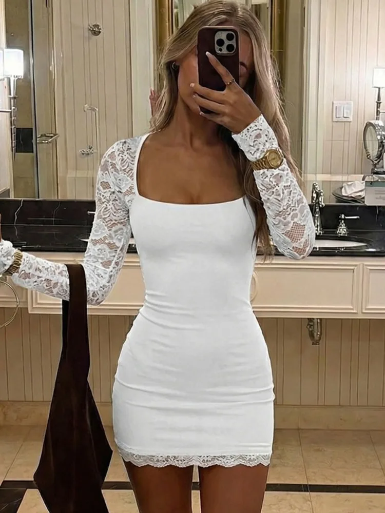 XIAOTANG dentelle pure à manches longues Sexy Mini robe femmes robe Patchwork col carré maigre Club robes de soirée Clubwear vêtements