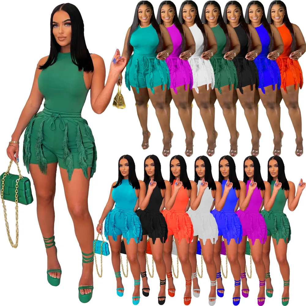 

Fringe Tassel Pants Two Piece Set Women Outfit Clothes Sexy Crop Top Elegant Casual Luxury 2 Pieces Matching Sets Short Pant