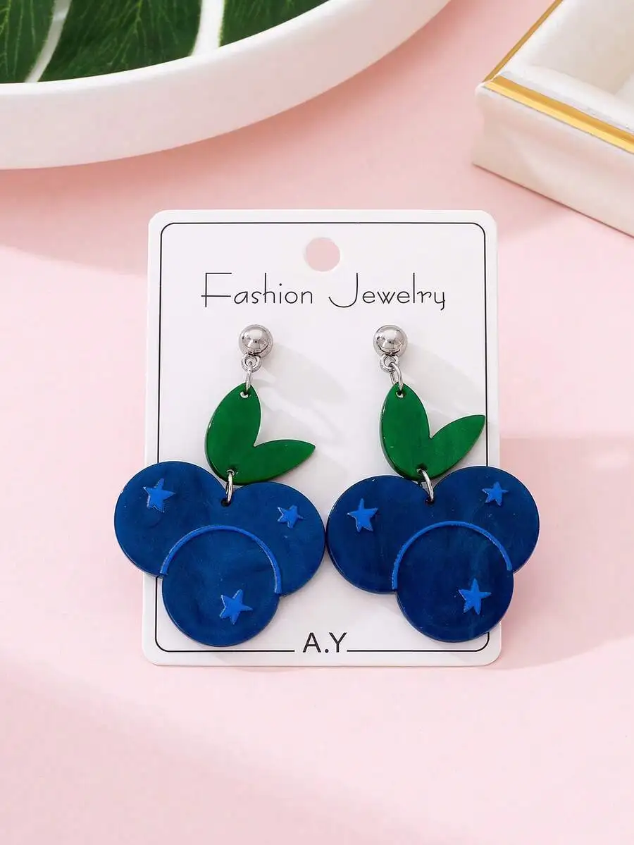 

Cute Blueberry-Shaped Acrylic Earrings With Star Details For Summer Beach Outfits And Vacation Style