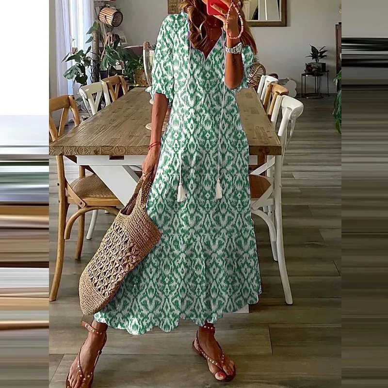 Vestido maxi solto com decote em v feminino, estampa floral, borda de lótus, vestido bohe, manga curta, linha A, vintage, elegante, casual, moda verão