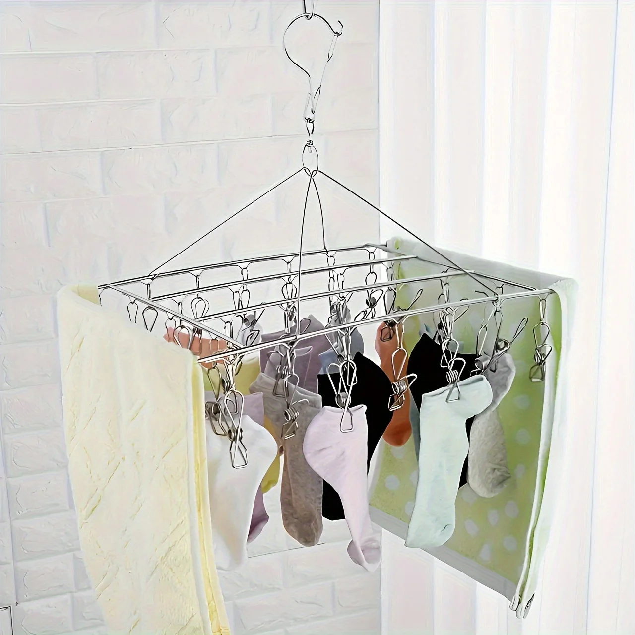 1pc Sock Drying Rack With 30 Hooks, Stainless Steel Rotatable Hanger, Windproof Drip Hanger, Foldable Sock Hanger