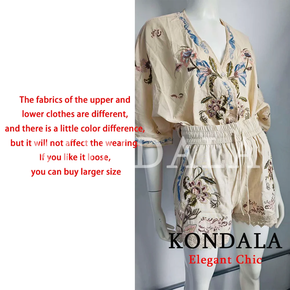 KONDALA Women Embroidered Vacation Shorts Set Loose V-neck Shirt Elastic Waist Shorts Fashion 2026 Summer Fall Leisure Lady Set view 6