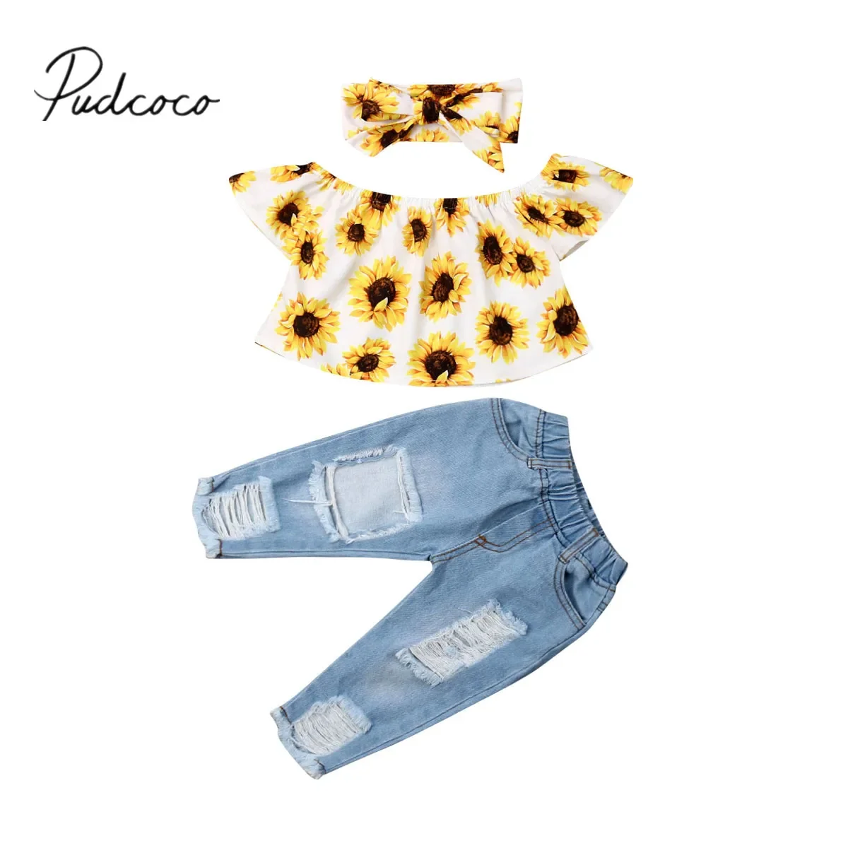 

2019 Baby Girl Off Shoulder Tops Sunflower Shirt Ripped Denim Jeans Outfits Set