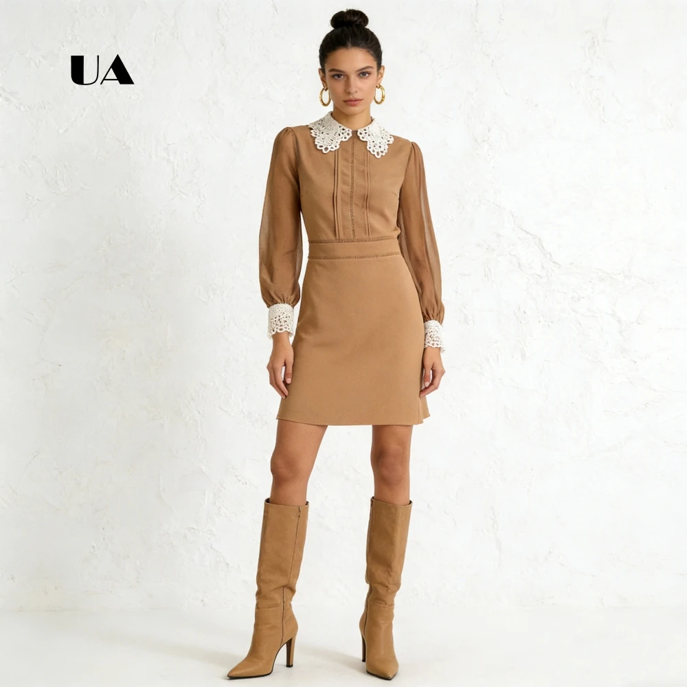 

ULBYANRY Sheath Mini Dress with Sheer Bishop Sleeve Customized Party Gown with Lace Detail Solid O-neck Evening Dress for Woman