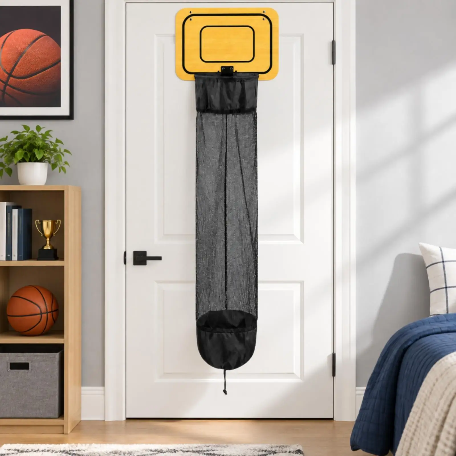 Wall-Mounted Basketball Laundry Hamper No-Drill Basketball Hoop Laundry Hamper with Mesh Bag Playful Space-Saving for Children