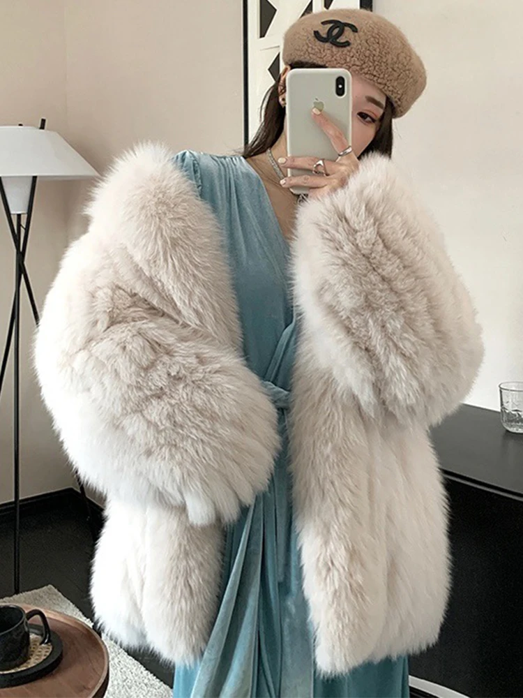 Women Winter Thick Warm Fluffy Real Fox Fur Long Oversize Loose Winter Real Fox Fur Overcoat 75cm Length