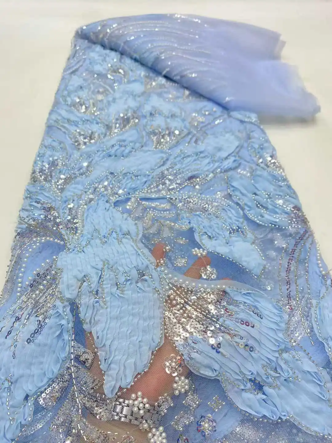 

2025 African Nigerian High-Quality Sequins Embroidery Tulle Lace Fabric Dresses Sewing Beads for Prom 5Yards