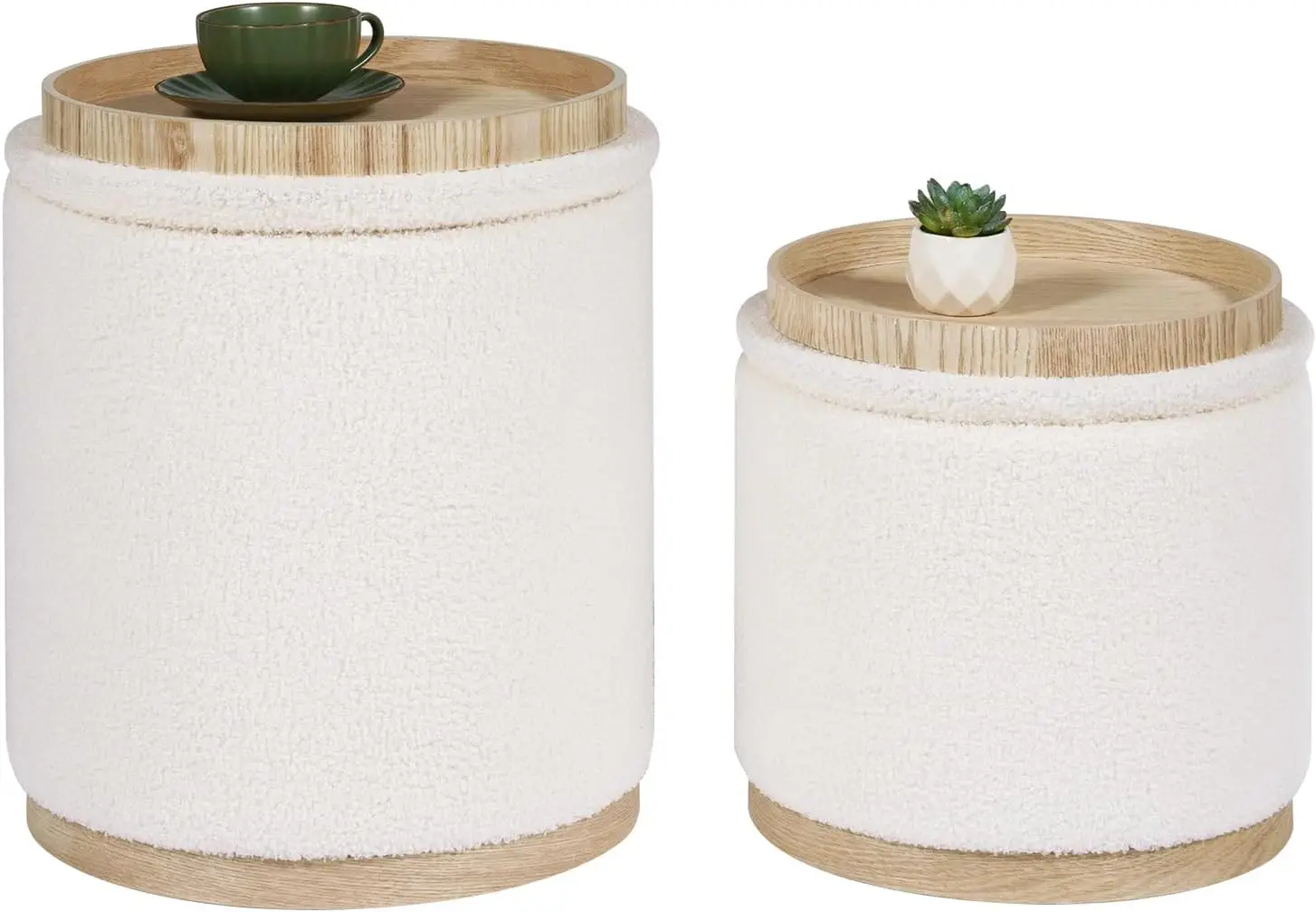 

Set of 2 Round Ottoman with Storage, Vanity Stool with Tray, Small Teddy Velvet Foot Rest for Bedroom, Living Room, Dorm (White)