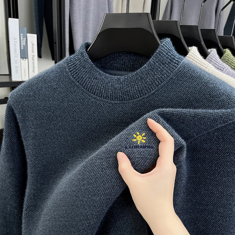 

Light luxury brand men's round neck long sleeve knitted pullover autumn winter new fashion daisy embroidery Korean warm sweater