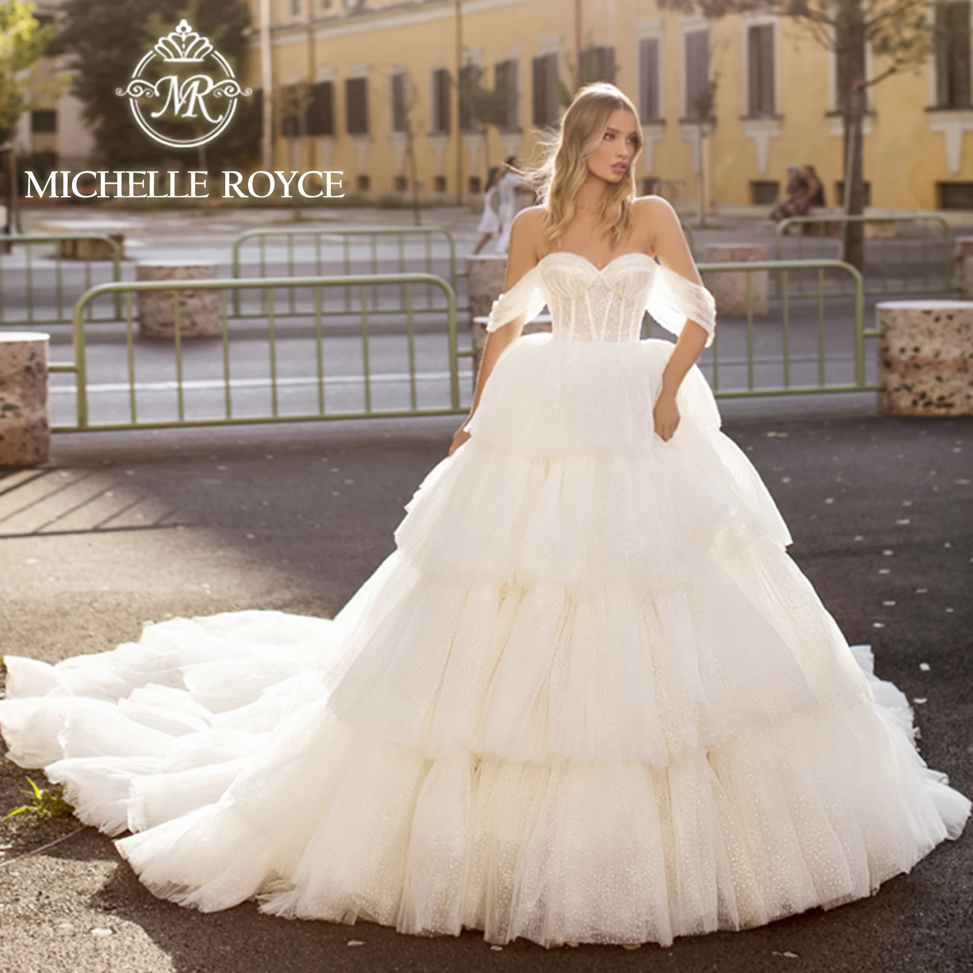 Michelle Royce Ball Gown Wedding Dresses 2023 Sweetheart Beading Tiered Cap Sleeve Chapel Train Wedding Gown Vestidos De Novia