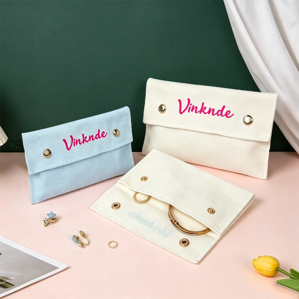 50Pcs Costom Logo Printing Beige Envelope Twill Cotton Canvas Bag 20x10cm Snap Packaging Bags For Jewelry Earrings Candy Perfume