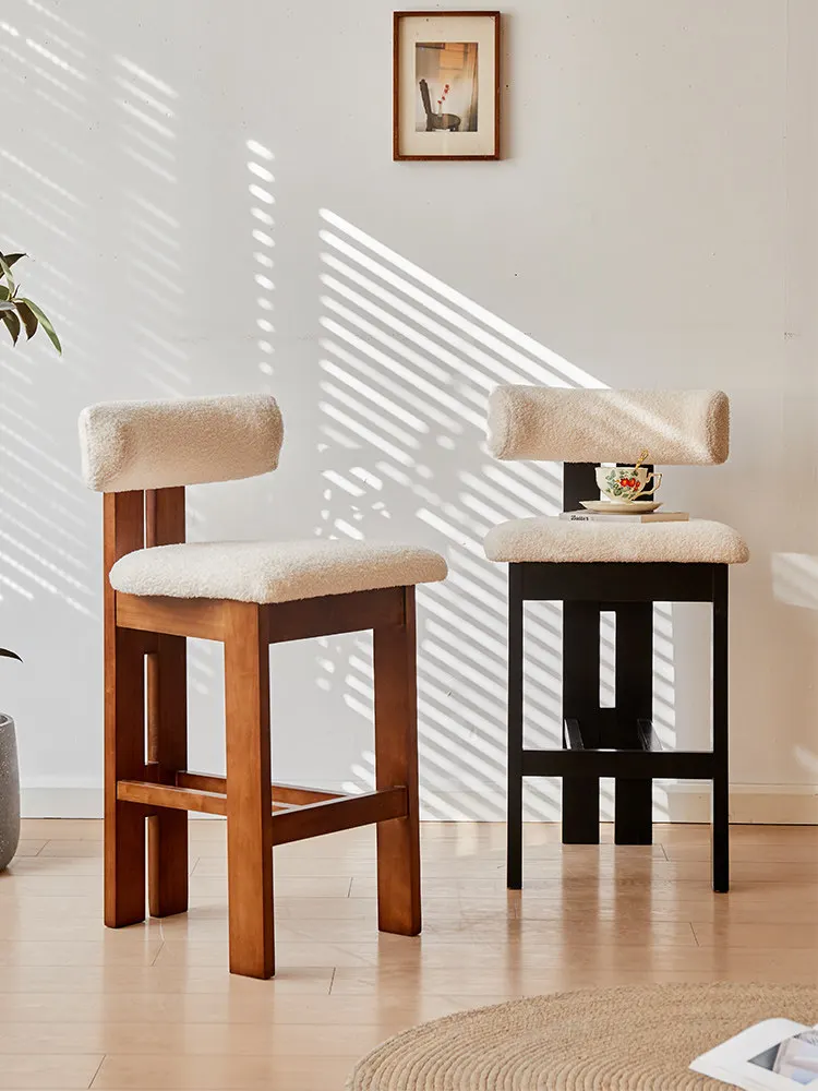Retro Solid Wood Tall Stool Furniture,Home Lamb Velvet Soft Bag,Backrest Dining Chairs,Designer Cafe Bar Height Increasing Chair