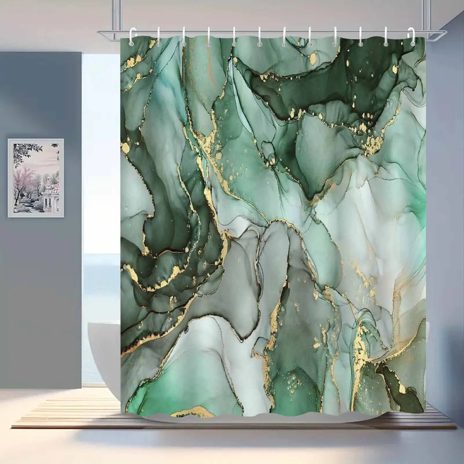 1pc Nordic Green Gilded Marble Texture Series Shower Curtain, High-End Elegant Bathroom Curtain, Bathroom Decoration Pattern